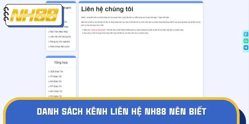 Danh sách kênh liên hệ NH88 nên biết